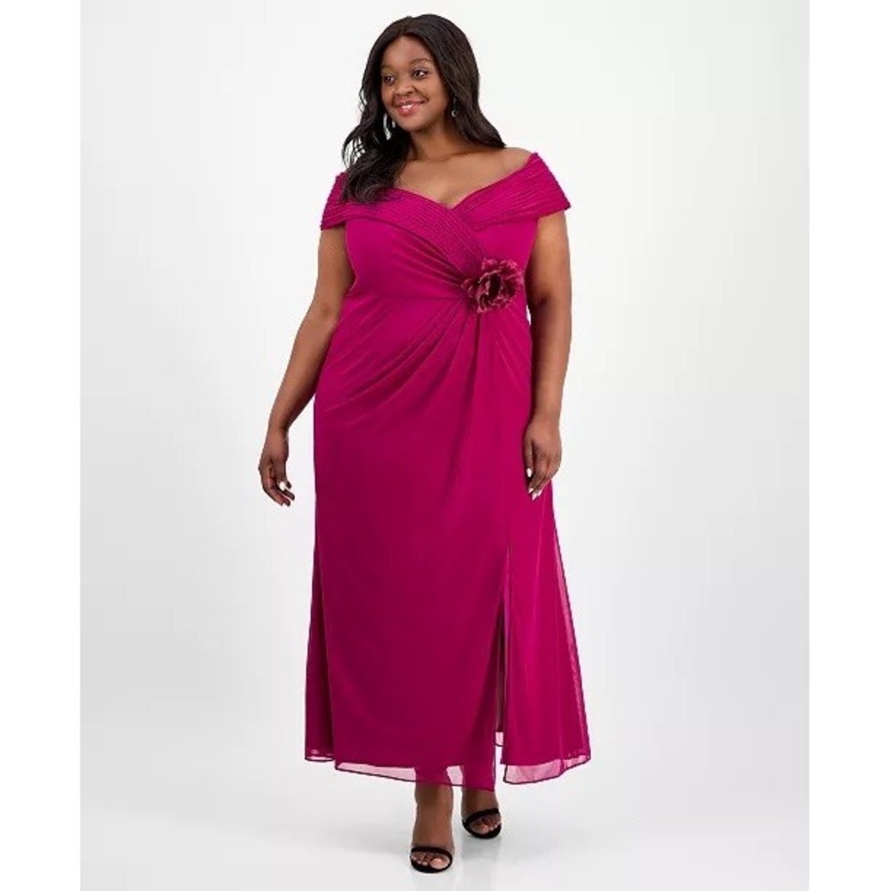 Alex Evenings Plus Size Rosette-Trim Slit-Front A-Line Dress 20W NWT
